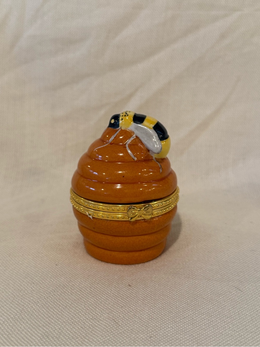 Porcelain Honey Pot Trinket Box with Bee Accent - Orange